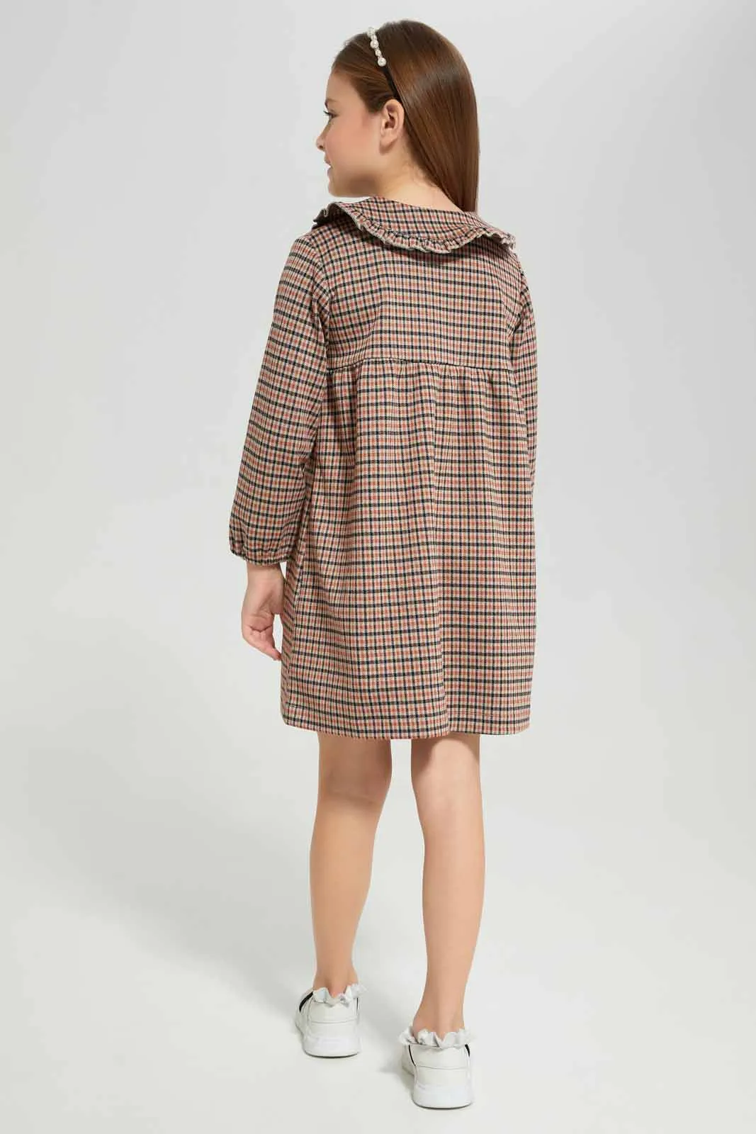 Girls Beige Checked Dress