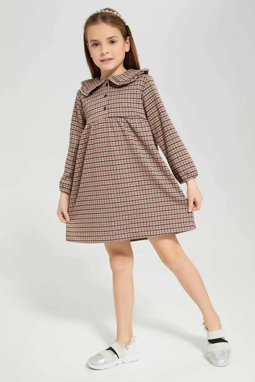 Girls Beige Checked Dress