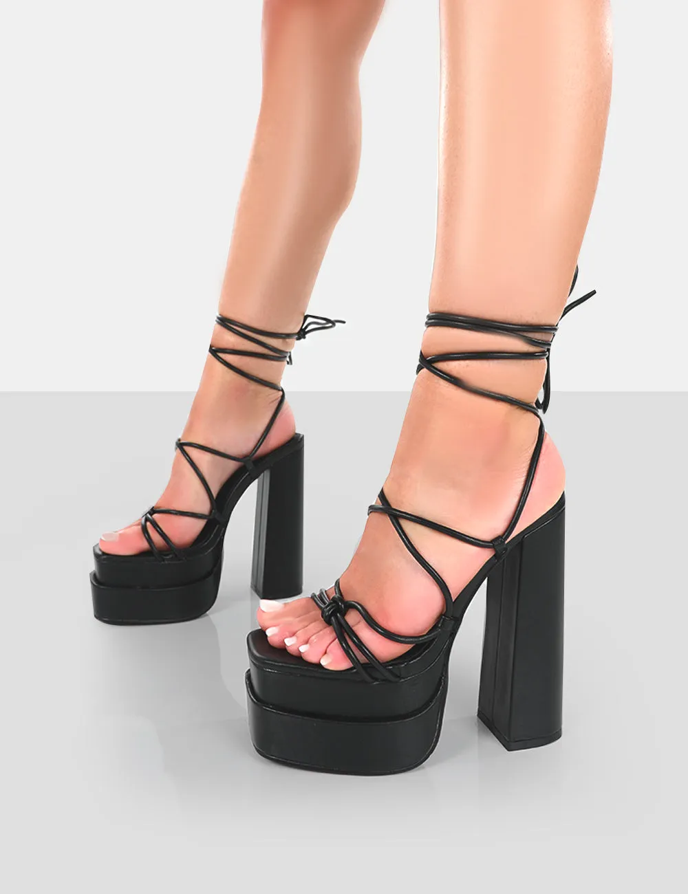 Glow Girl Wide Fit Black PU Lace Up Platform High Heels