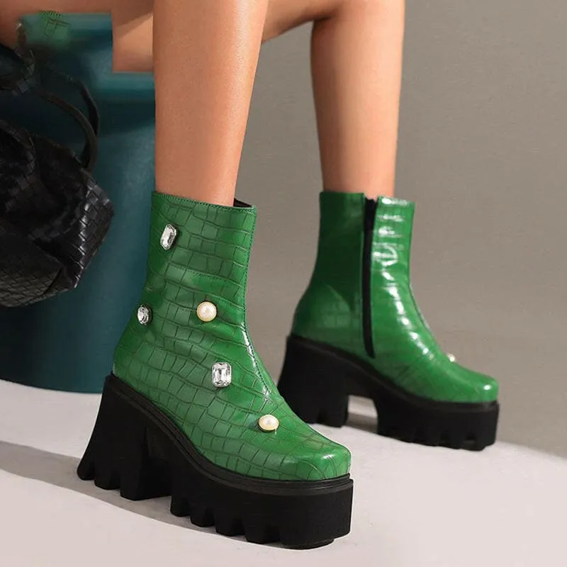 Green Leather Jeweled Square Toe British Style Boots