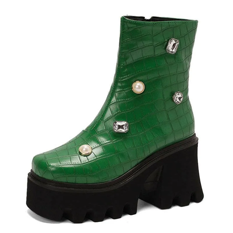 Green Leather Jeweled Square Toe British Style Boots