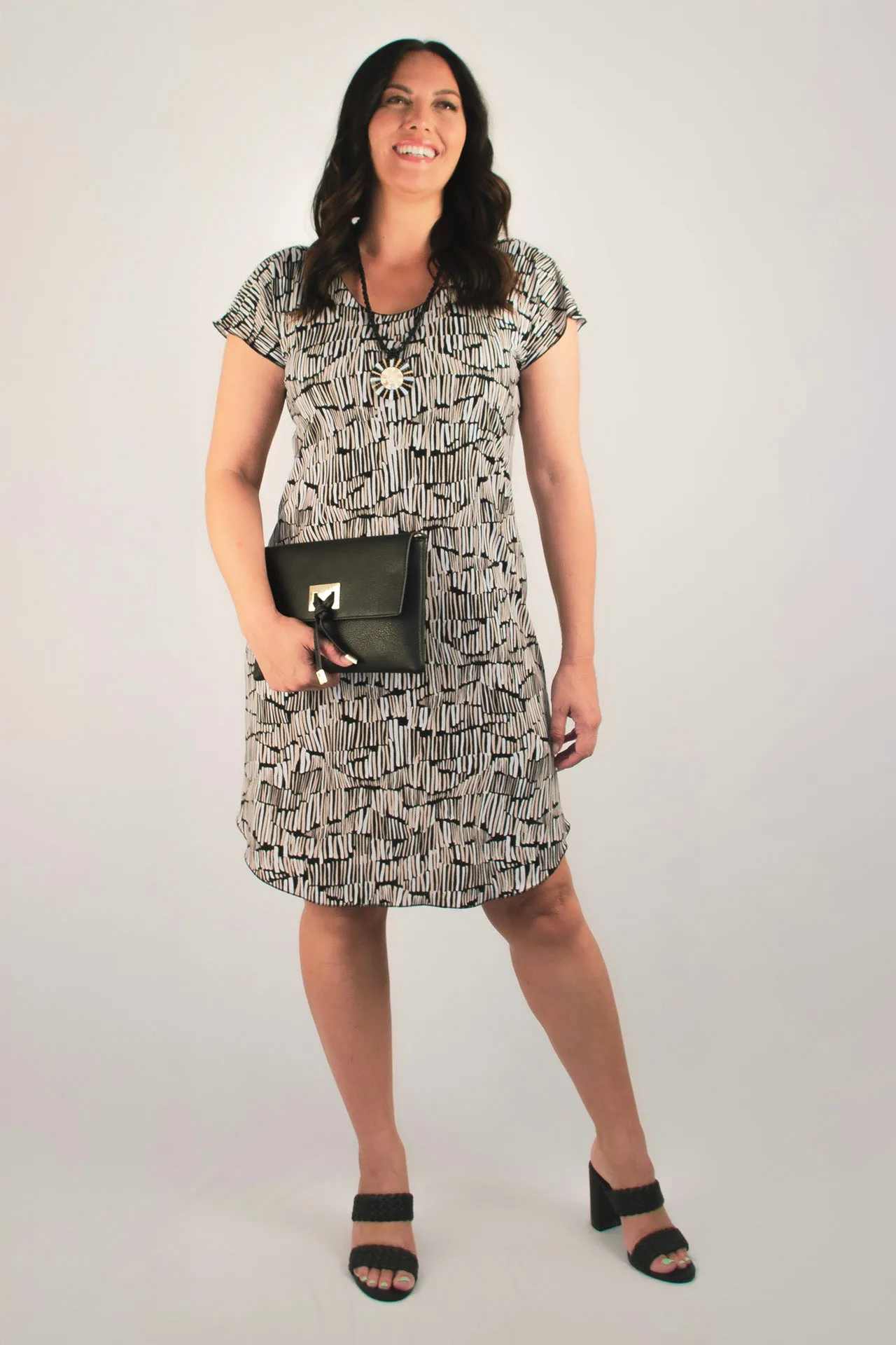 Grid Print Short Sleeve Jersey Shift Dress