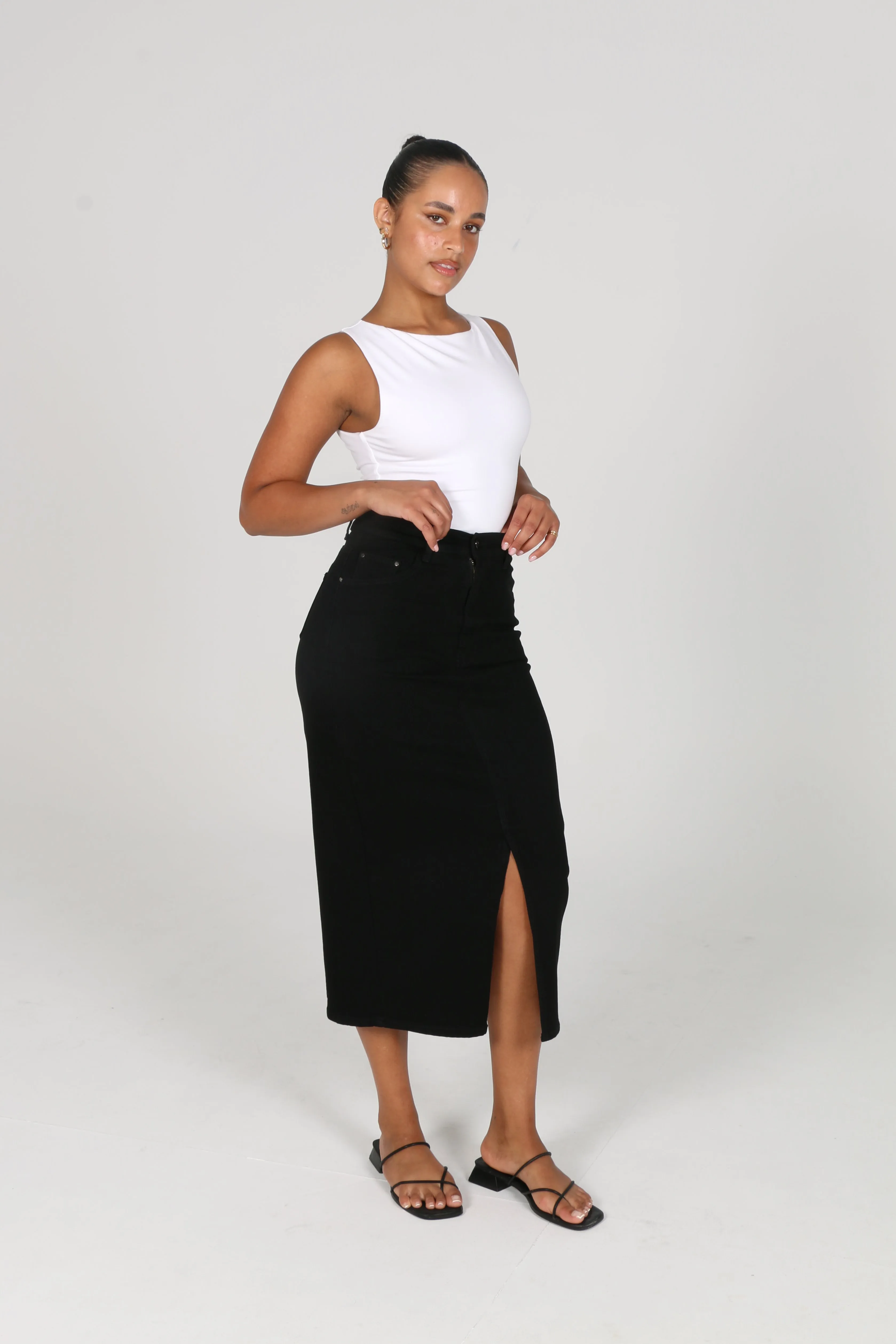 HUDSON DENIM MIDI SKIRT BLACK