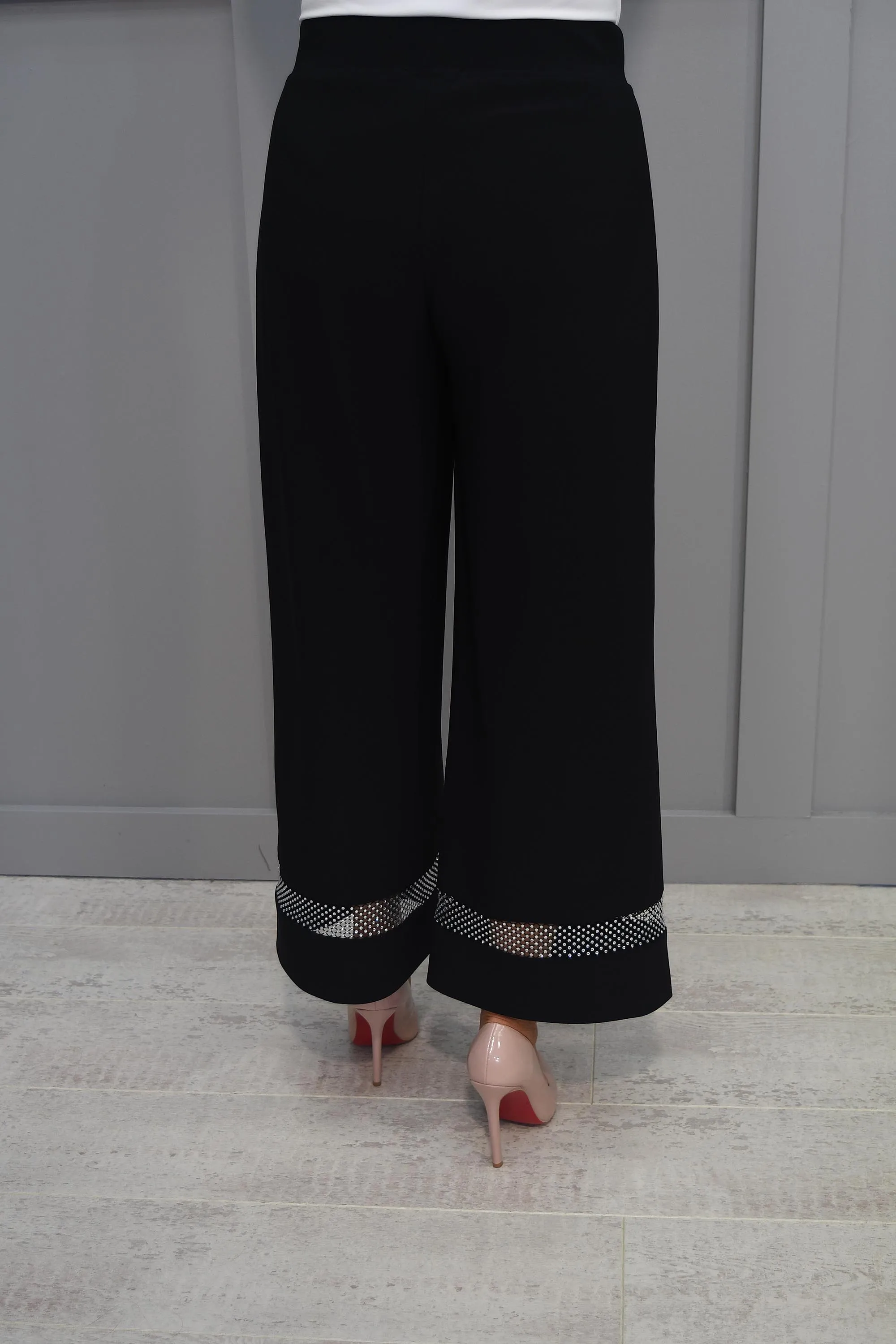 Joseph Ribkoff Black Wide Leg Trouser With Mesh Diamanté Panel - 233749