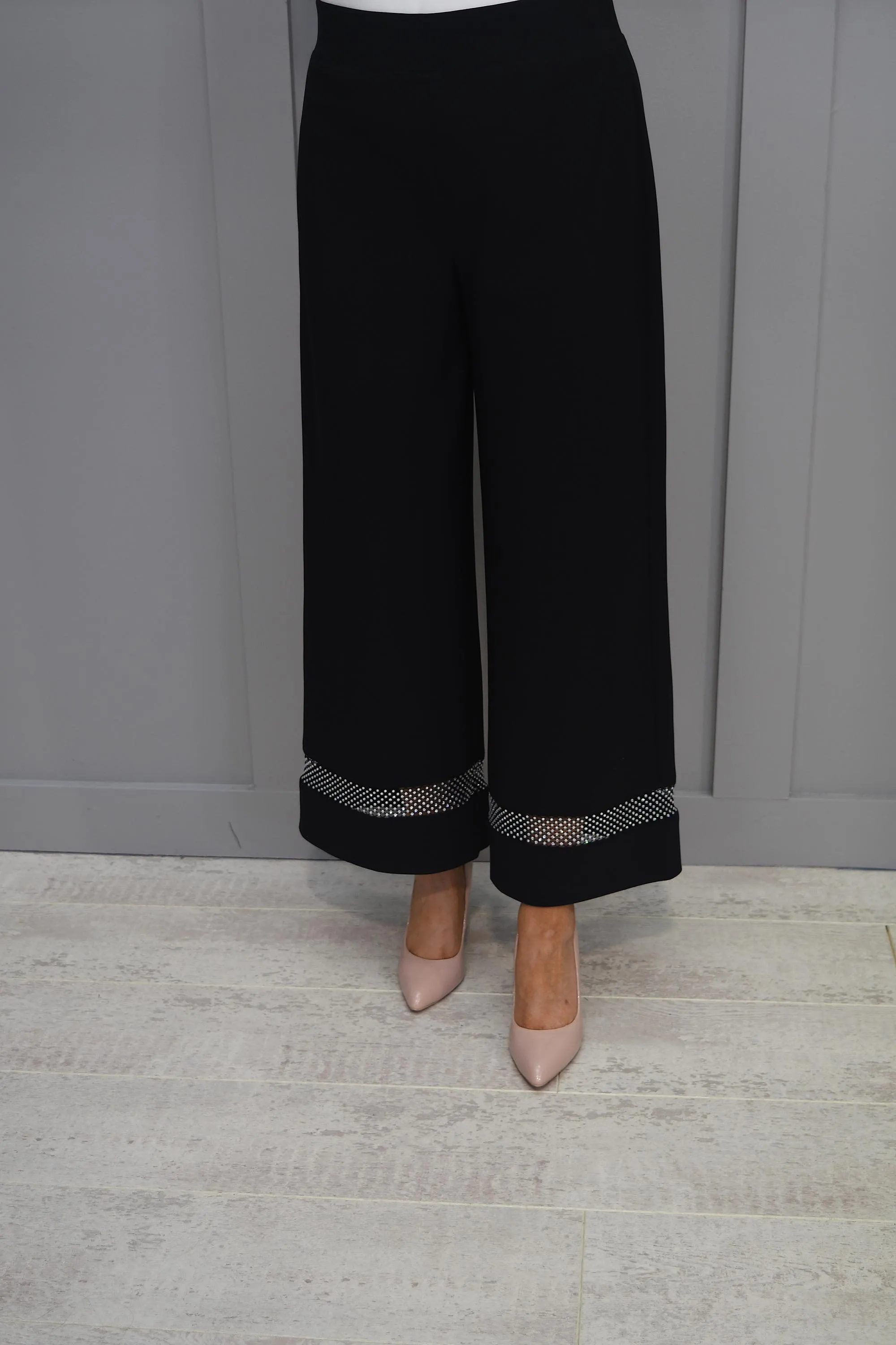 Joseph Ribkoff Black Wide Leg Trouser With Mesh Diamanté Panel - 233749