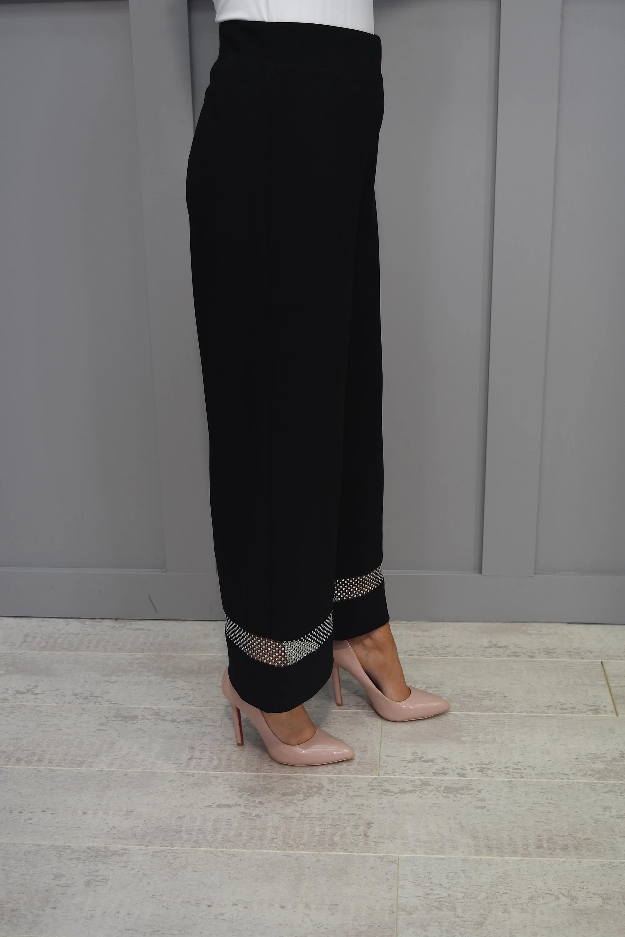 Joseph Ribkoff Black Wide Leg Trouser With Mesh Diamanté Panel - 233749