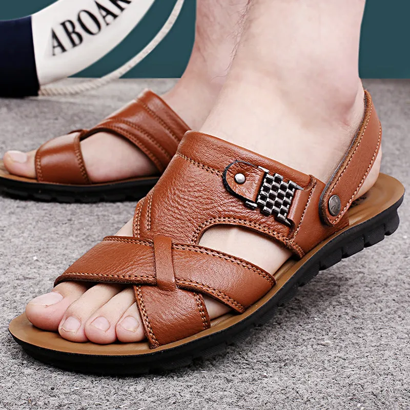 LAKESHI Men's Genuine Leather Handmade Roman Style Sandals for Beach/Summer Wear