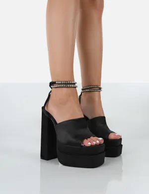 Lilibet Black Satin Diamante Lace Up Strappy Open Toe Statement Platform Block Heels