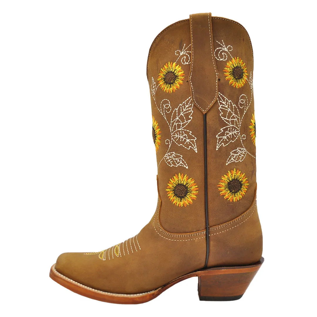 Luma Andrea Women's Sunflower Embroidery Tan Square Toe Western Boots