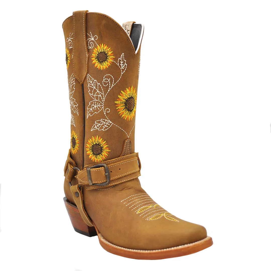 Luma Andrea Women's Sunflower Embroidery Tan Square Toe Western Boots