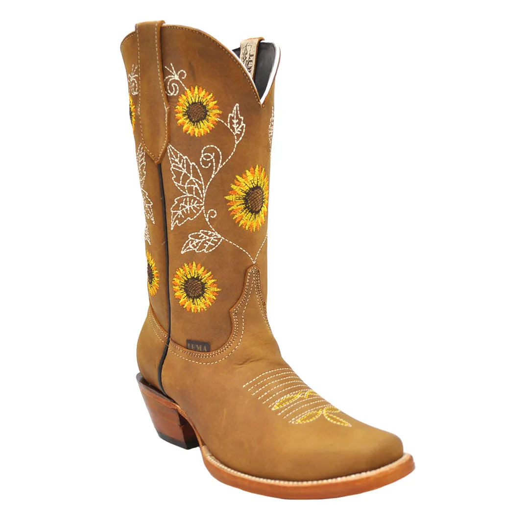 Luma Andrea Women's Sunflower Embroidery Tan Square Toe Western Boots