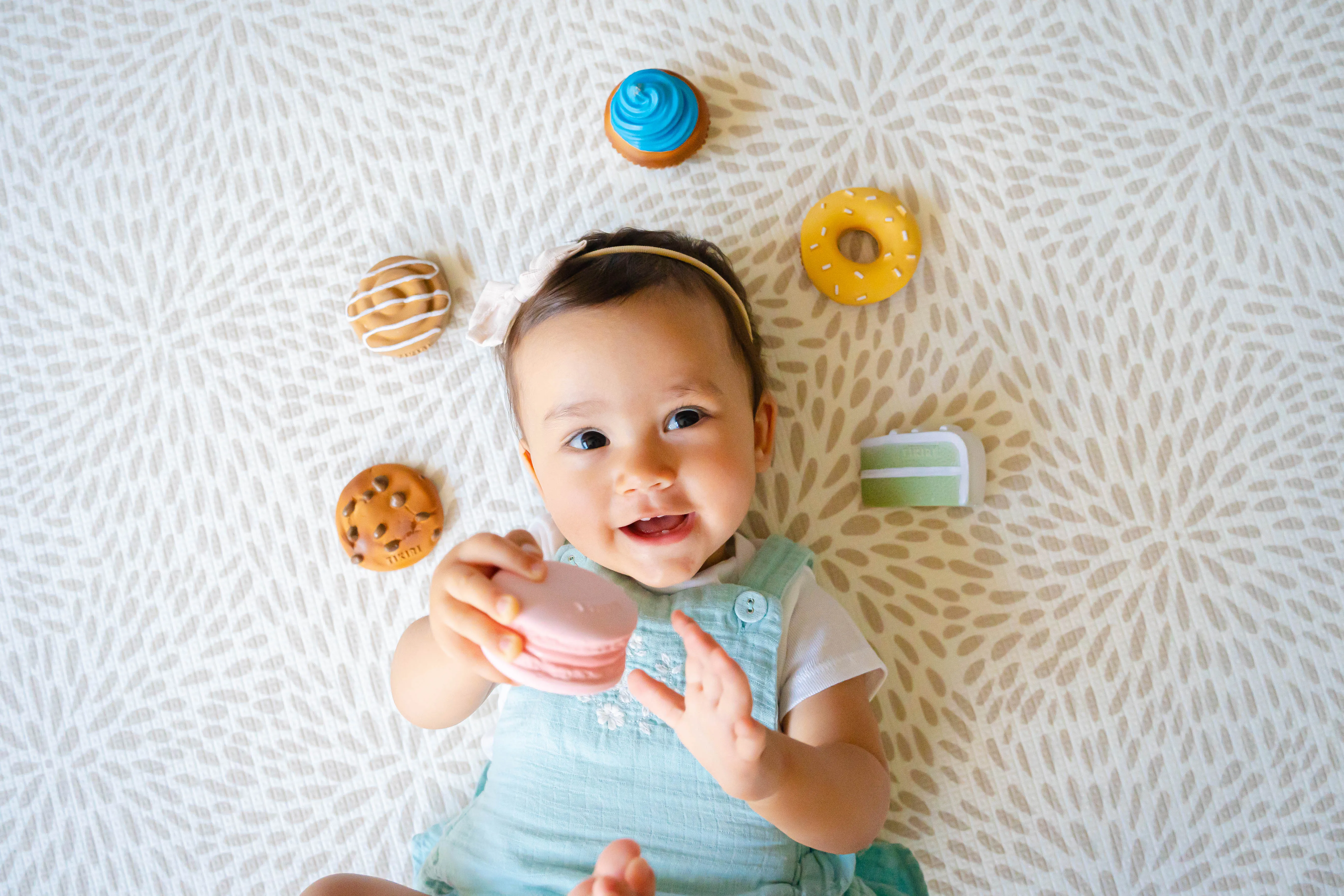 Macaroon Natural Rubber Teether, Rattle & Pretend Play