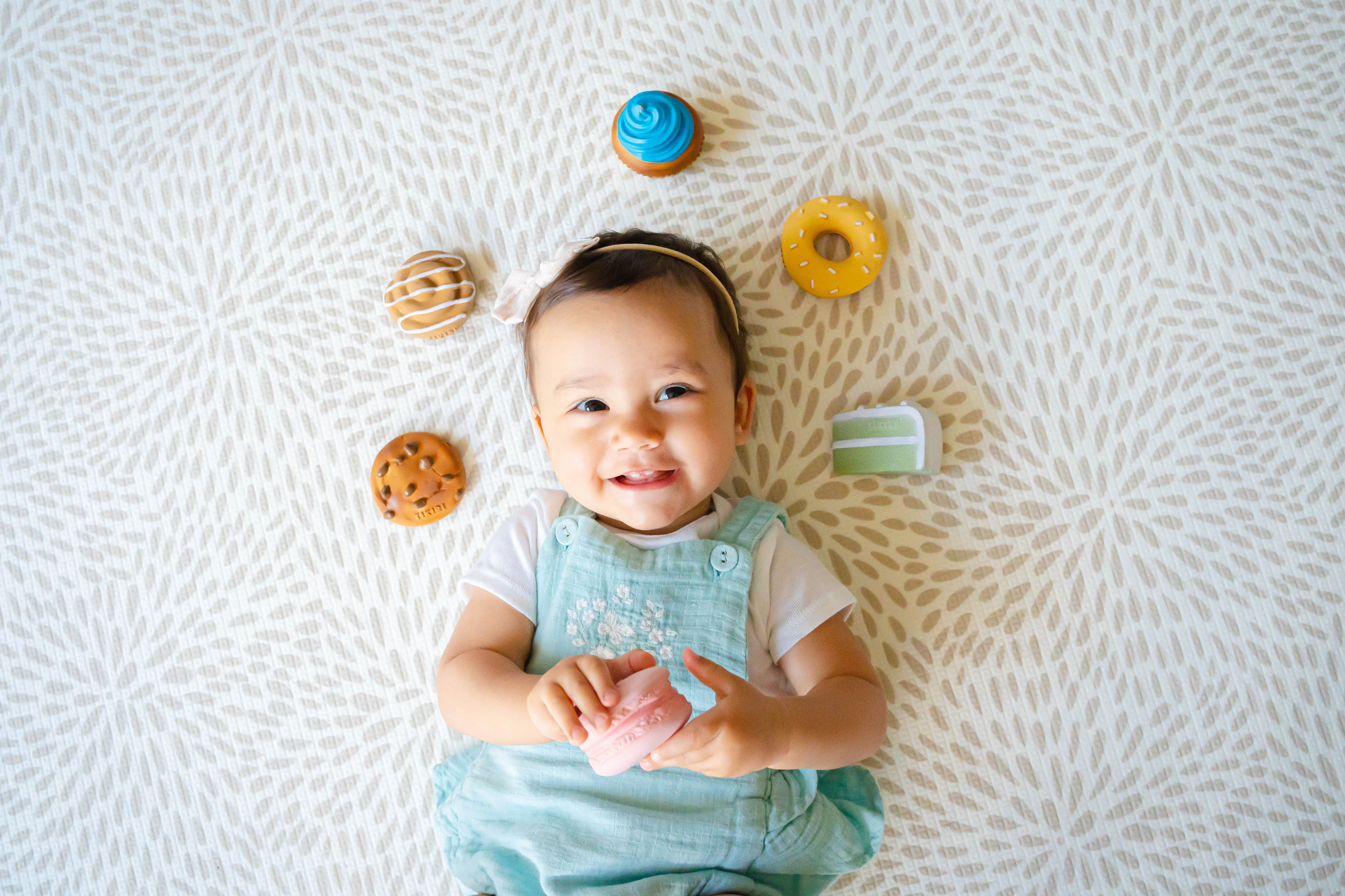 Macaroon Natural Rubber Teether, Rattle & Pretend Play