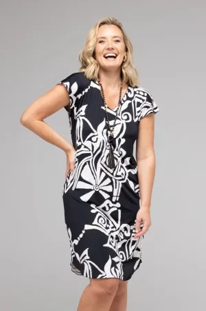 Maori Print Short Sleeve Jersey Shift Dress