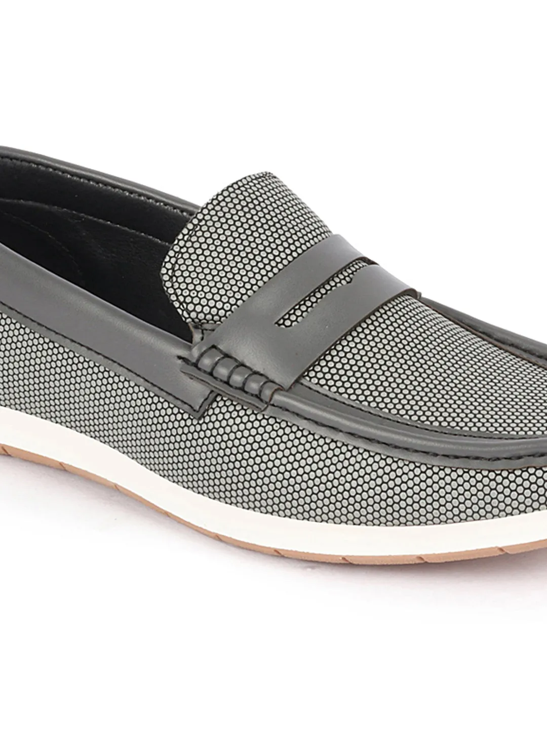 Men Grey Textured Design Casual Slip On Loafer Boat Shoes