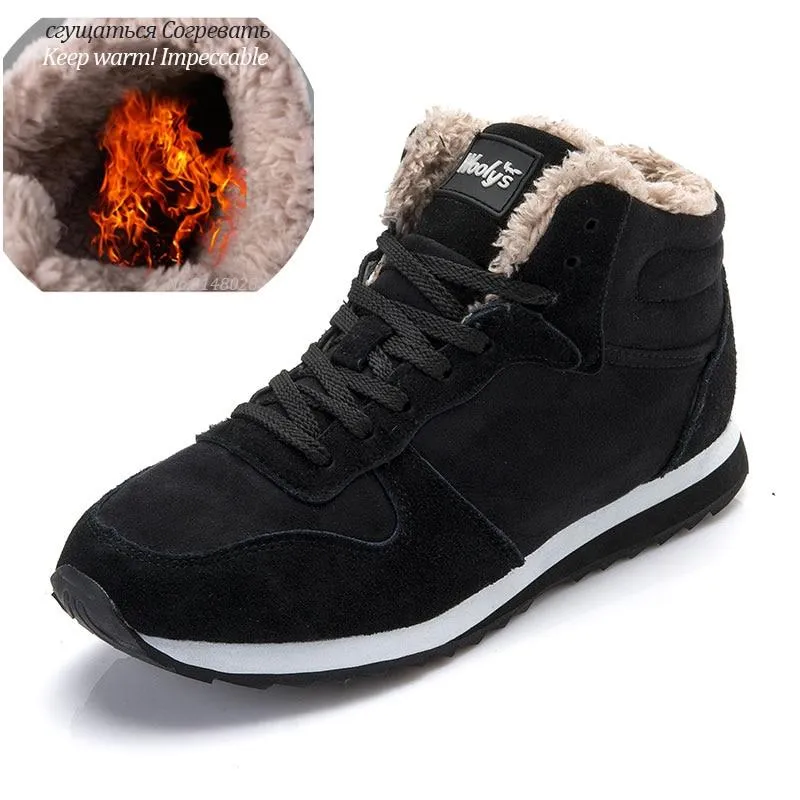 Mens fur lining winter shoes non slip lace-up ankle boots