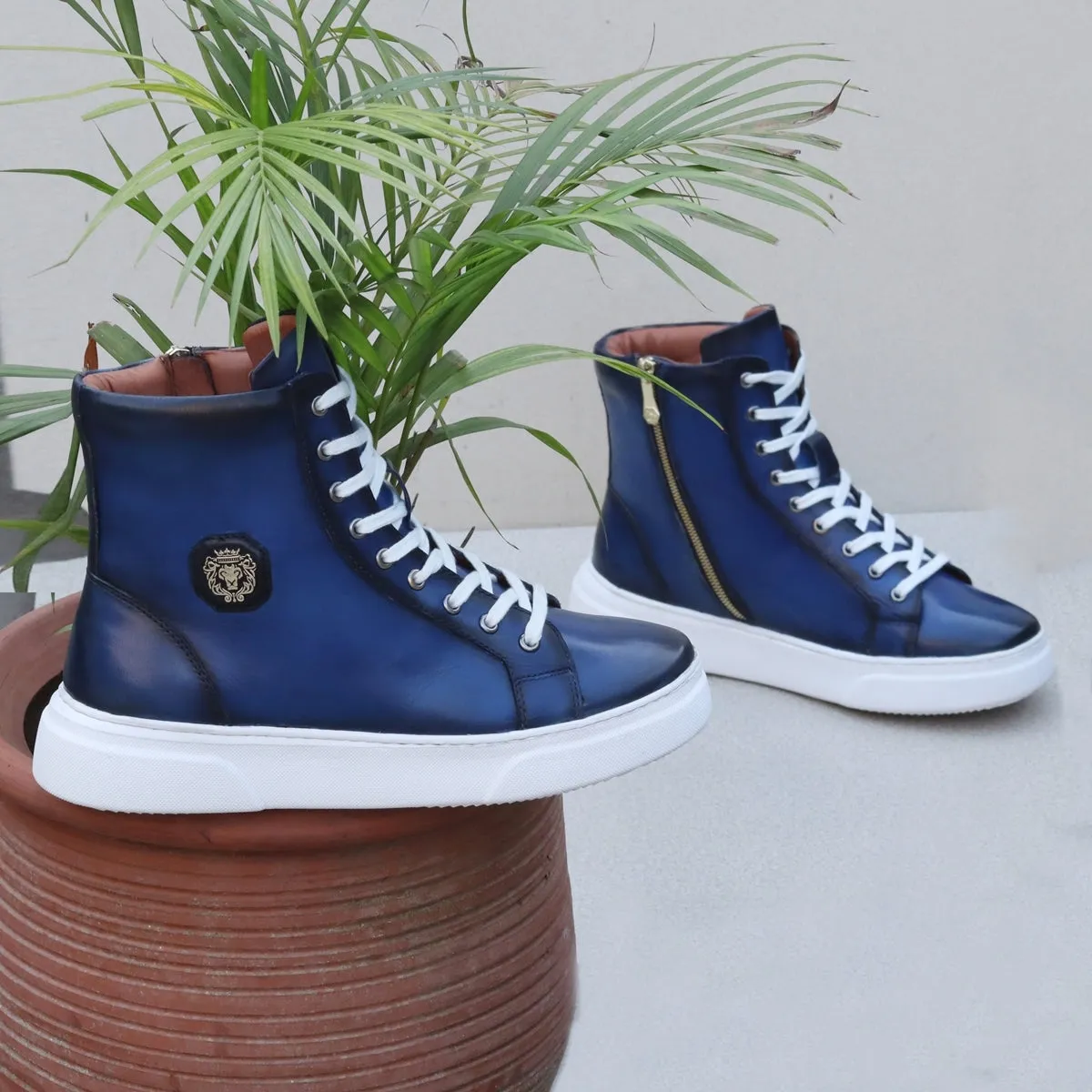 Metal Lion High Ankle Blue Leather Lace-Up Zip Closure Sneaker With  E.V.A Sole By Brune & Bareskin