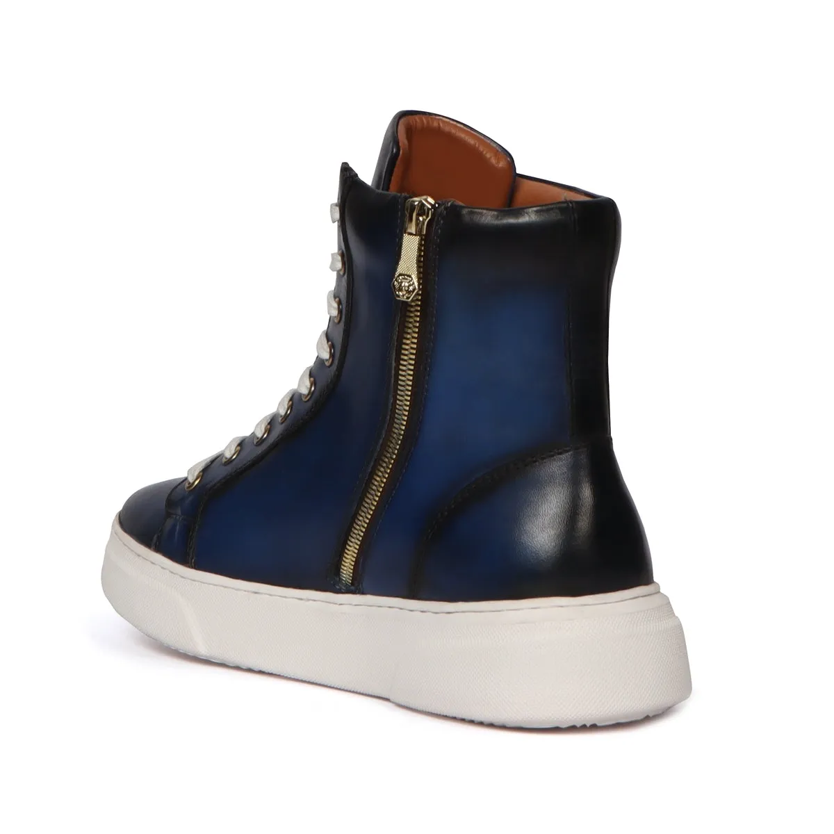 Metal Lion High Ankle Blue Leather Lace-Up Zip Closure Sneaker With  E.V.A Sole By Brune & Bareskin