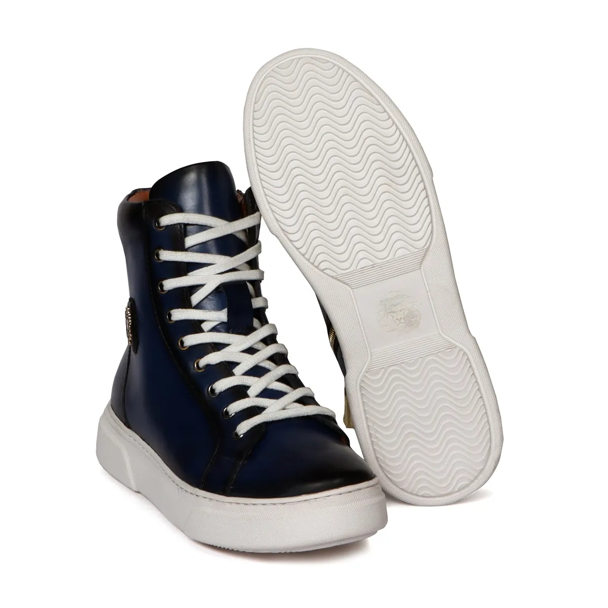 Metal Lion High Ankle Blue Leather Lace-Up Zip Closure Sneaker With  E.V.A Sole By Brune & Bareskin