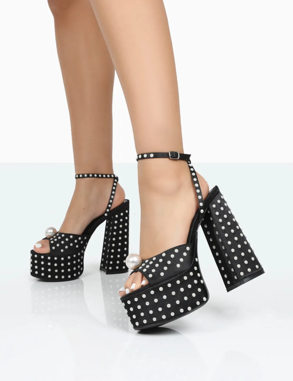 Mia Black Satin Pearl Open Toe Block Platform Heels