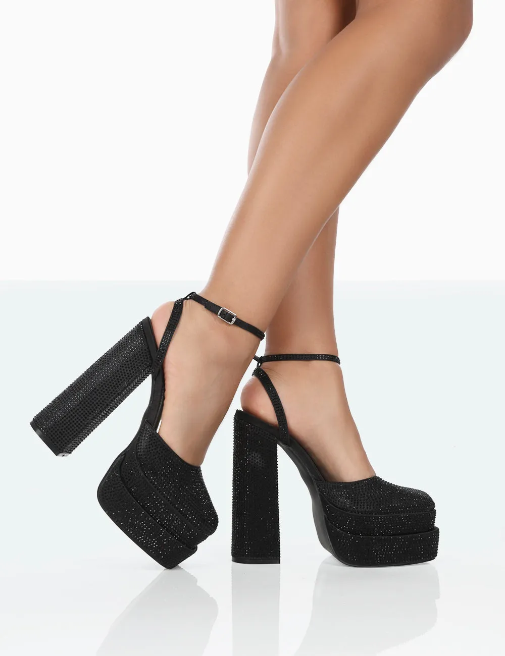 Moonchild Wide Fit Black Sparkly Diamanté Satin Closed Toe Statement Platform Block Heels