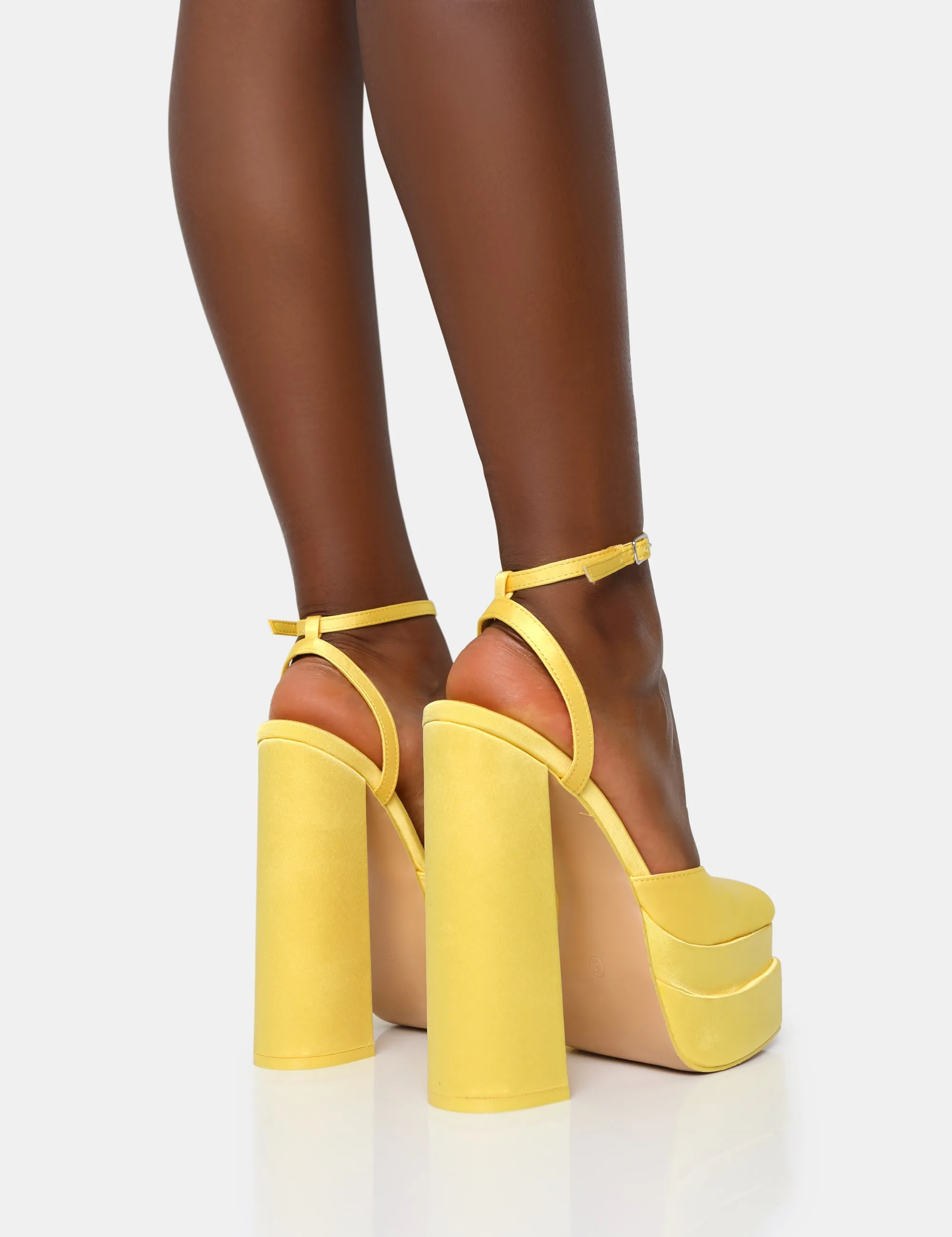 Moonchild Yellow Satin Closed Toe Statement Platform Block Heels