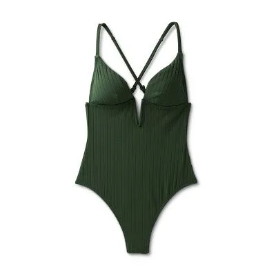 New - Shade & Shore Women's Plunge V-Wire One Piece Swimsuit Ribbed Swimwear