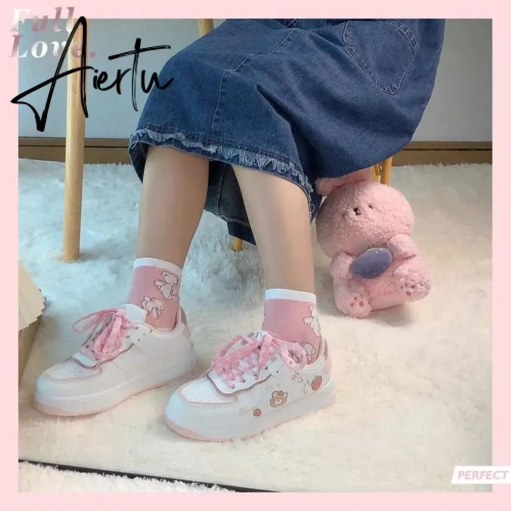 New Women Cute Cartoon Little Bear Strawberry Flat Kawaii Shoes Japanese Female Platform Casual Tennis Vulcanized Sneakers