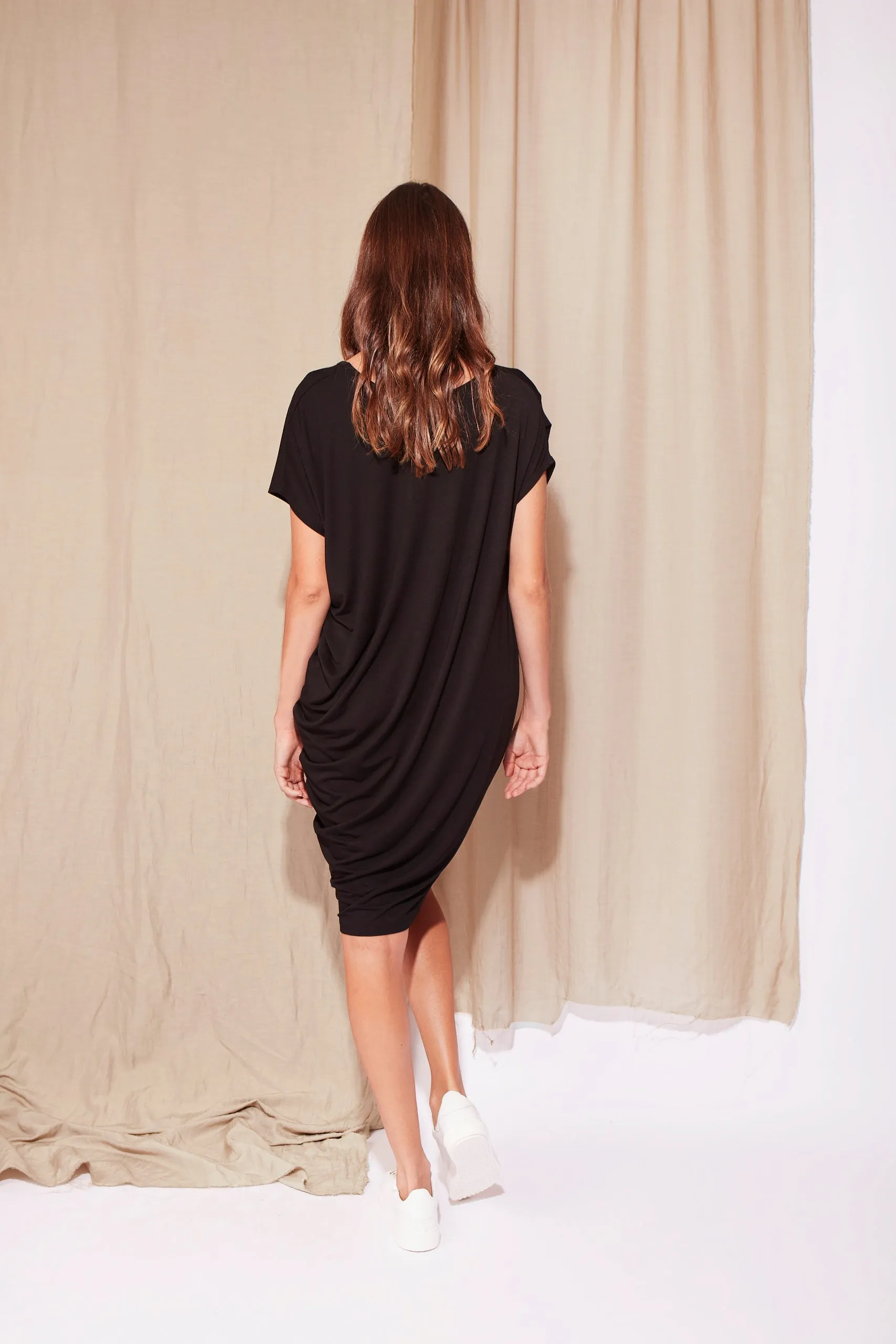 Nora Asymmetrical Bamboo T-Shirt Dress - Black