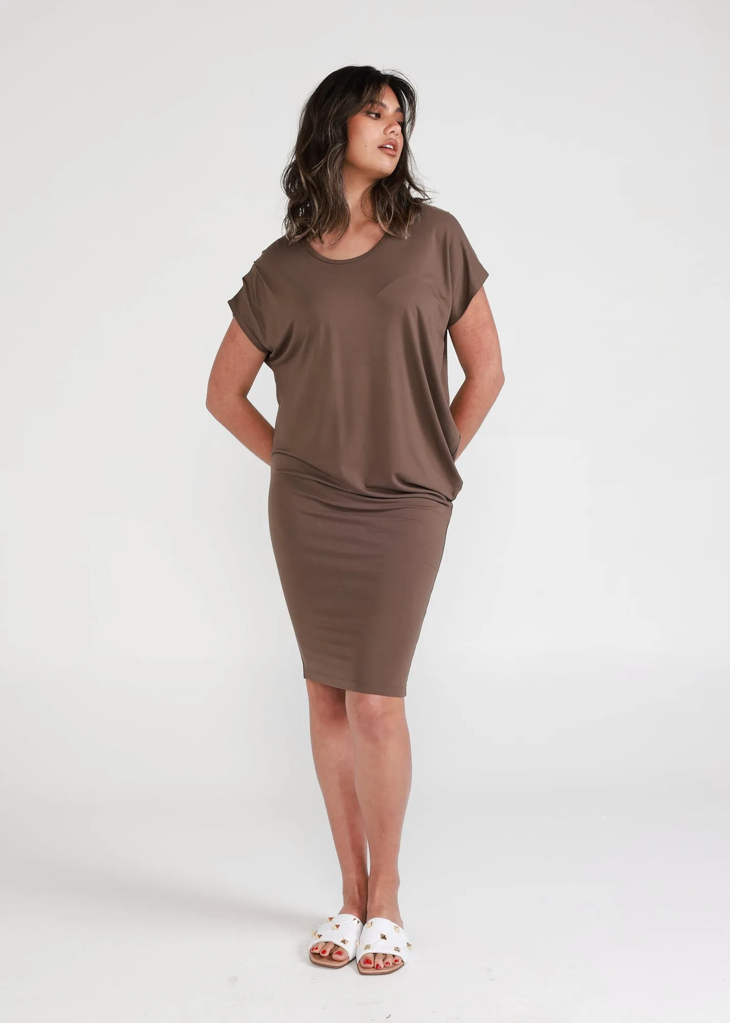 Nora Asymmetrical Bamboo T-Shirt Dress - Chocolate