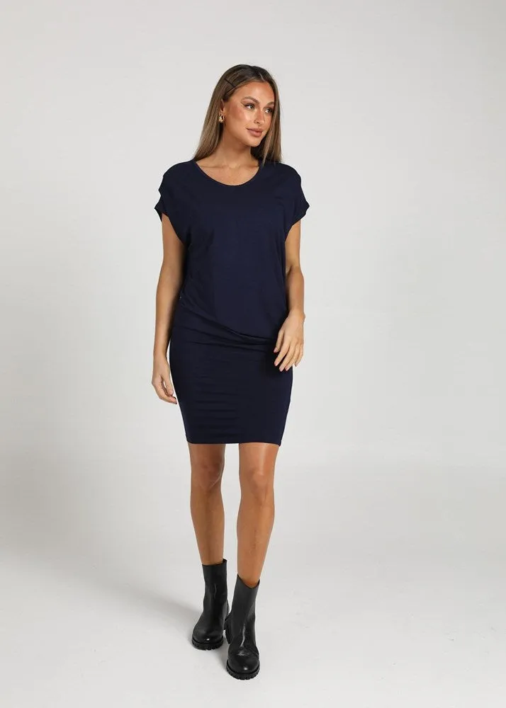 Nora Asymmetrical Bamboo T-Shirt Dress - Navy