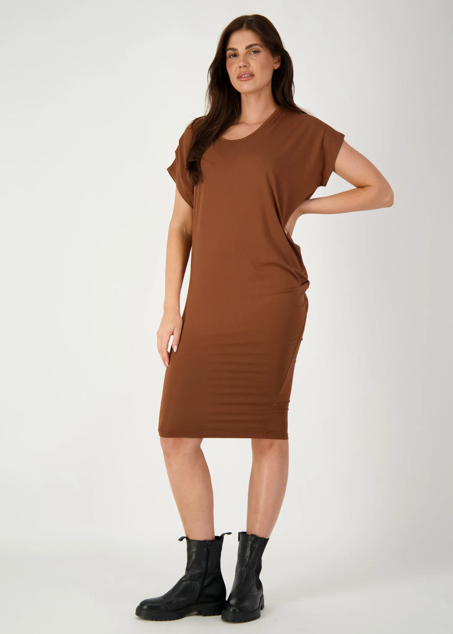 Nora Asymmetrical Bamboo T-Shirt Dress - Toffee