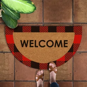 OnlyMat Red Chequered Plaid Border Printed Natural Coir Welcome Entrance Door mat