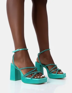 Playout Turquoise Satin Diamante Strappy Platform Square Toe Mid Block Heels