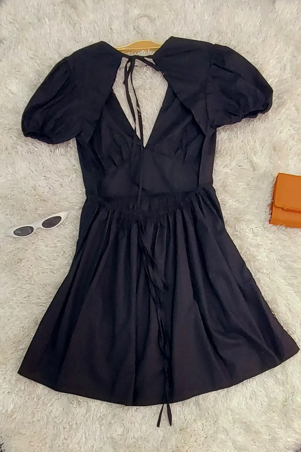 Plunge Neck Puff Sleeve Backless Mini Dress