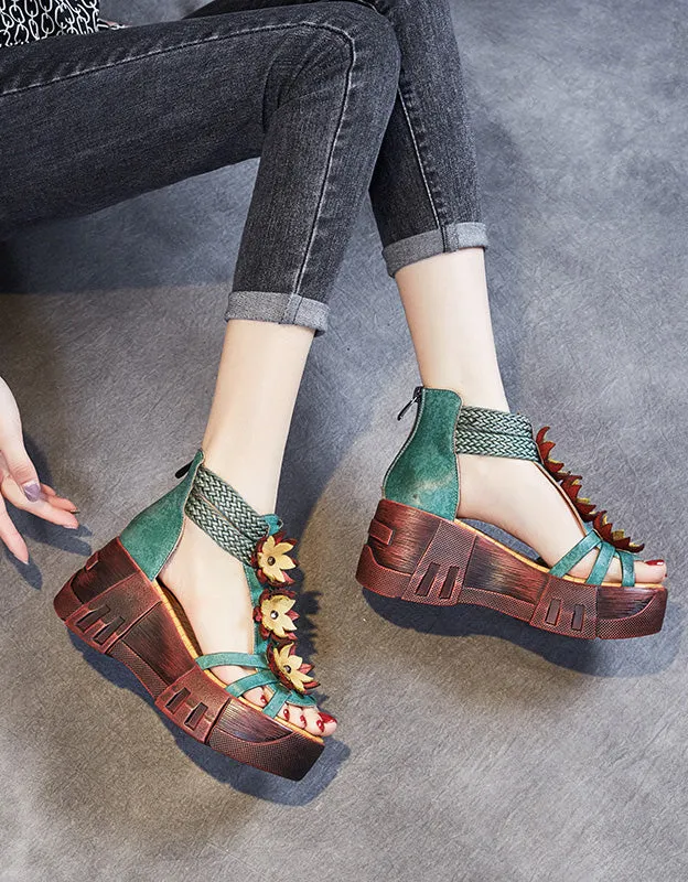 Retro Leather Flower Open Toe Platform Sandals