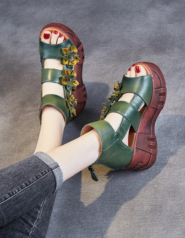 Retro Leather Flower Open Toe Platform Sandals