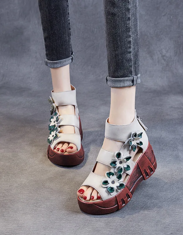 Retro Leather Flower Open Toe Platform Sandals