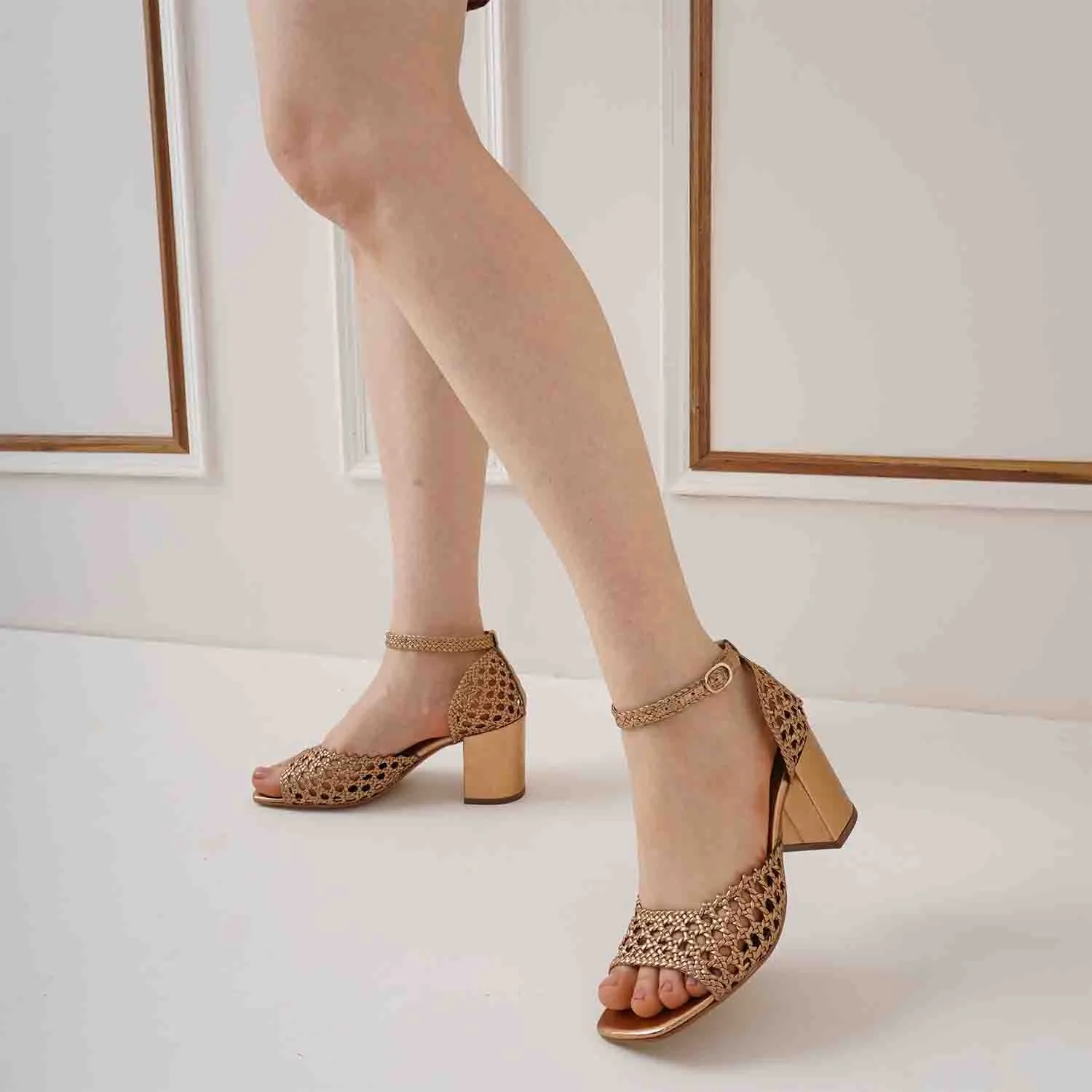 Saint Eibhlin Bronze Hand Woven Leather Block Heels