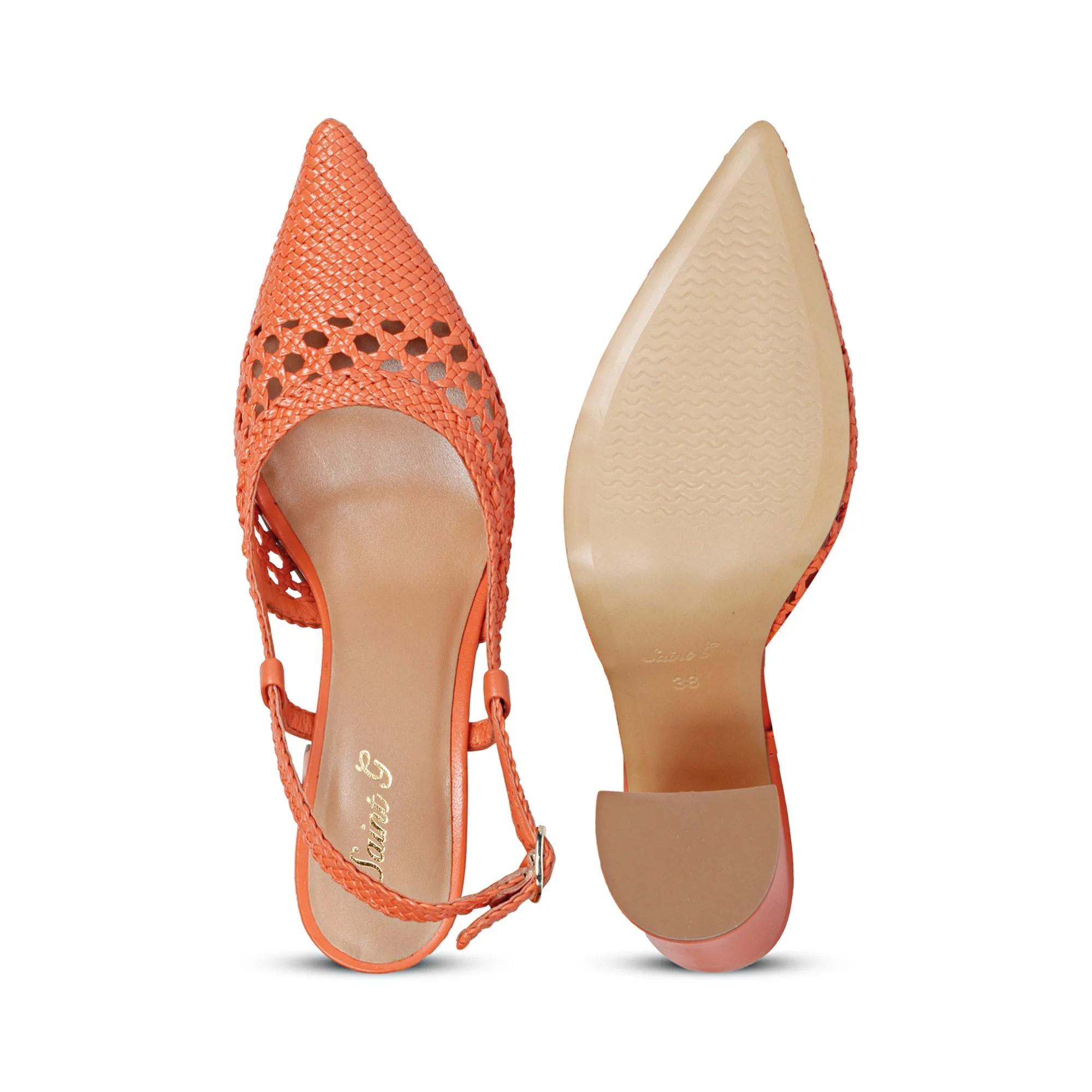 Saint Malea Orange Hand Woven Leather Block Heels