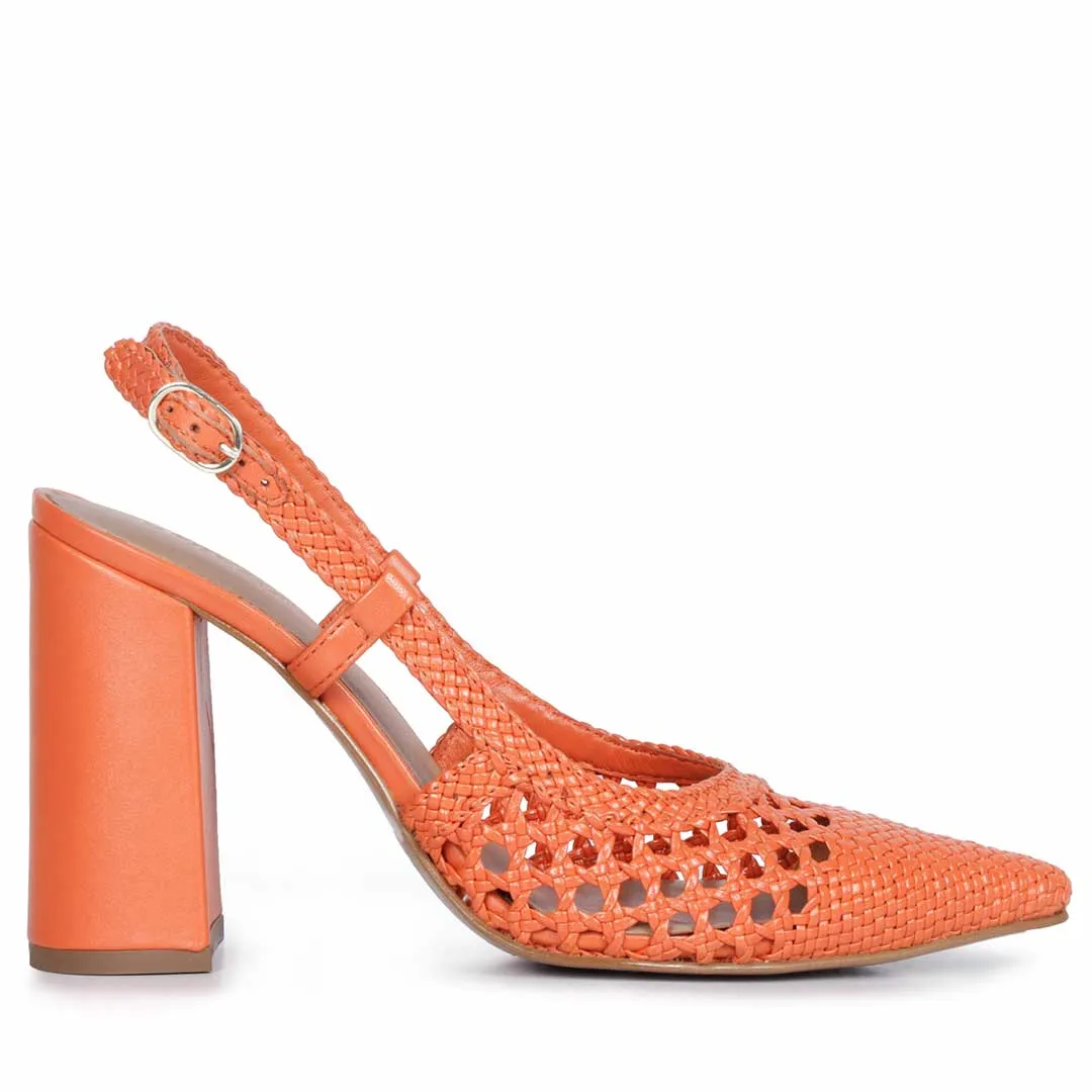 Saint Malea Orange Hand Woven Leather Block Heels