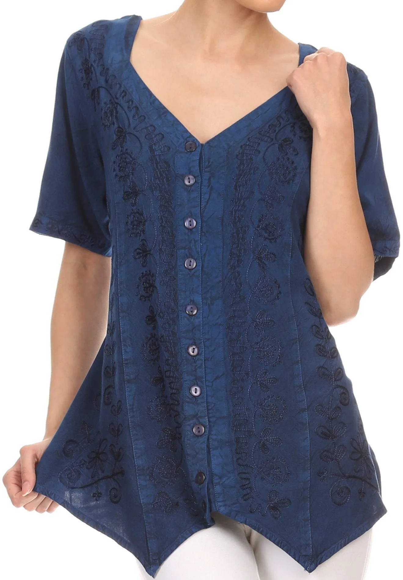 Sakkas Klaniya V Neck Button Down Embroidered Short Sleeve Light Blouse Shirt Top