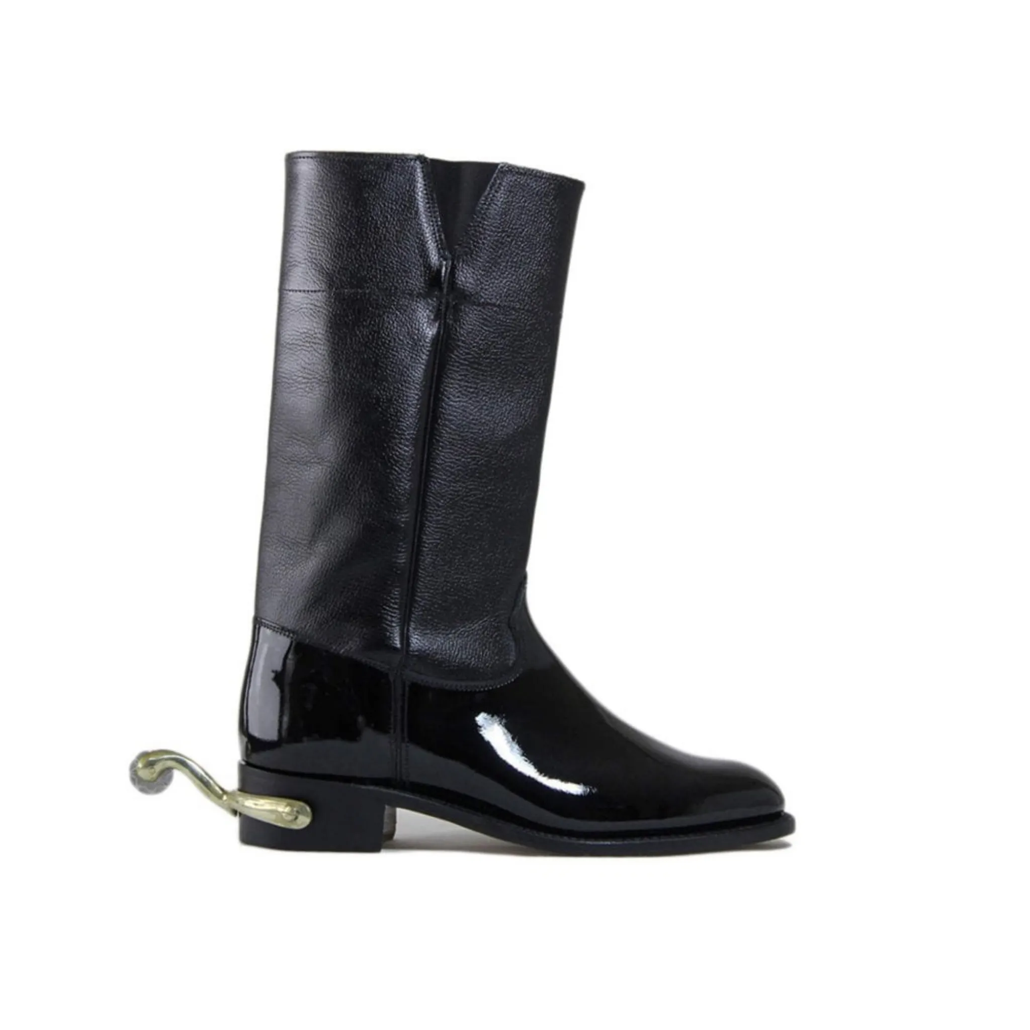 Sanders | Black Calf & Patent Officers Spur Box Heel Wellington Boot