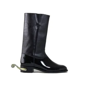 Sanders | Black Calf & Patent Officers Spur Box Heel Wellington Boot