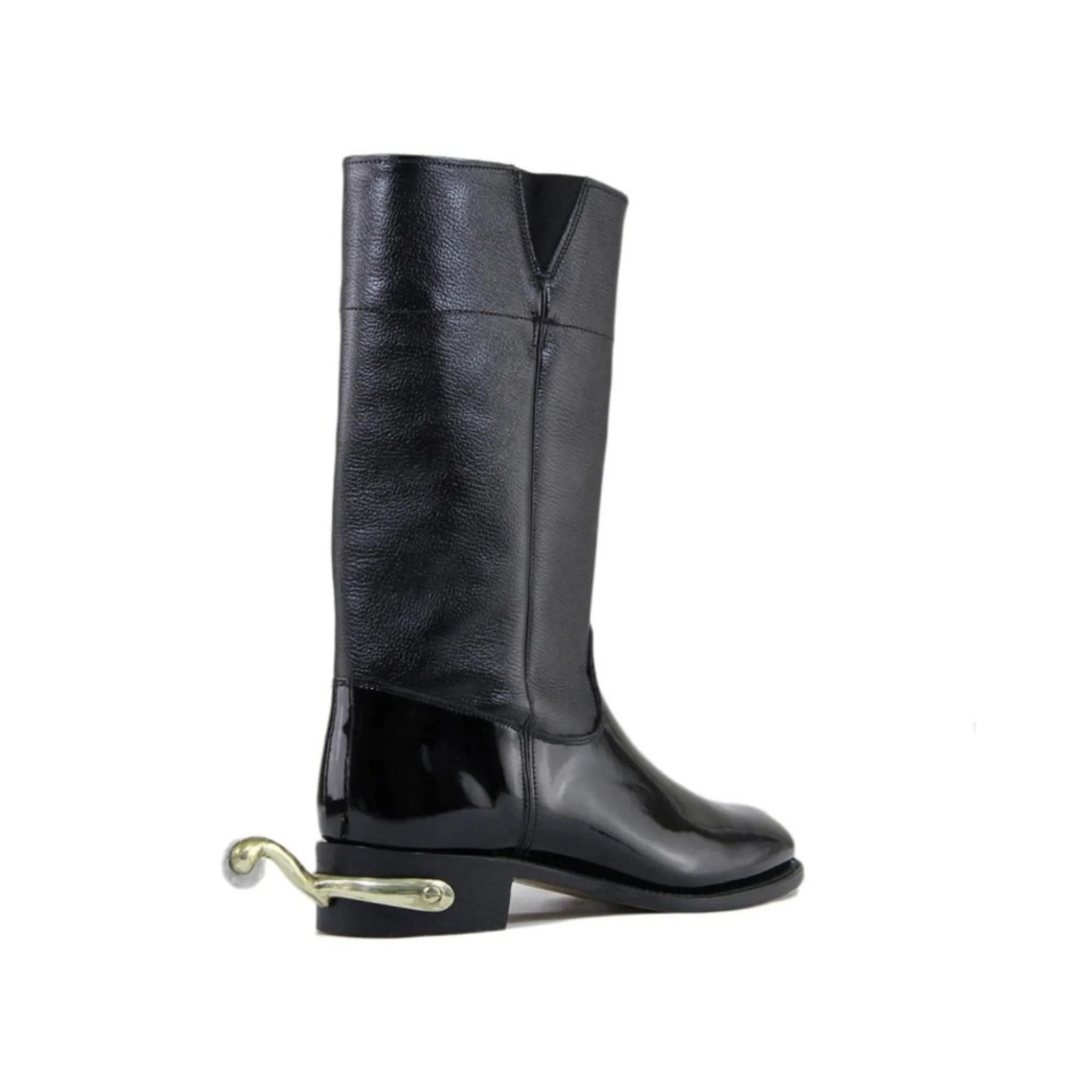 Sanders | Black Calf & Patent Officers Spur Box Heel Wellington Boot