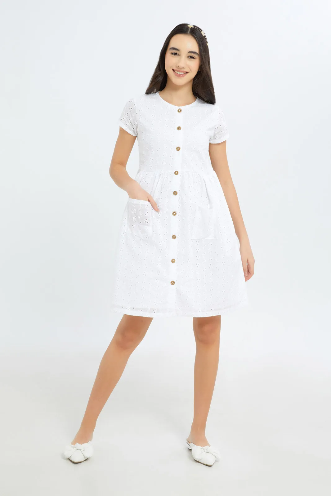 Senior Girls White Schiffli Dress