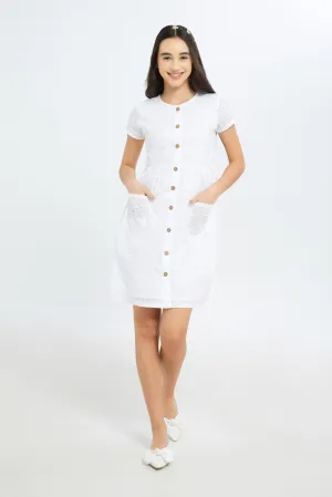 Senior Girls White Schiffli Dress