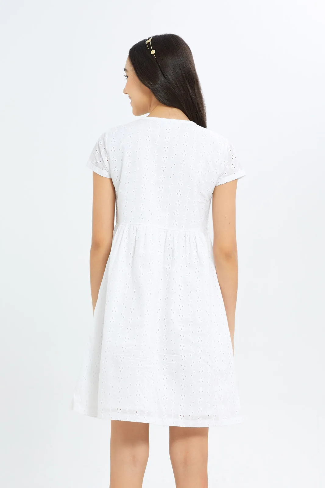 Senior Girls White Schiffli Dress