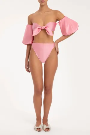 Solid Carre Vintage Puff-sleeved Bikini With Knot