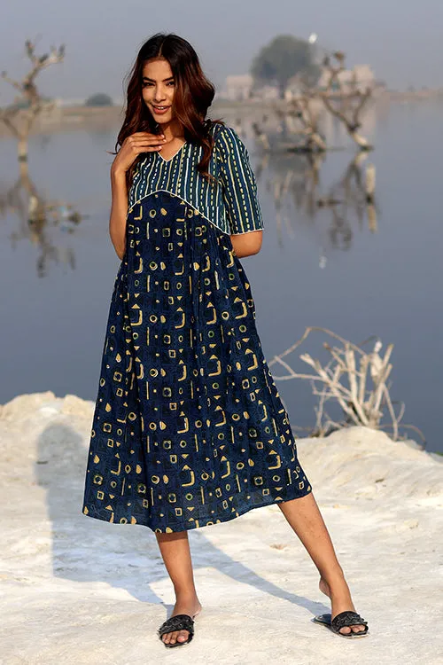 Sootisyahi 'Indigo Fusion' Block Printed Cotton Dress